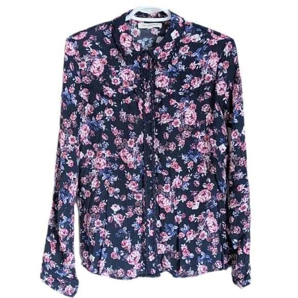 TRAMONTANA Navy Blue Floral Pink Roses Button Down Shirt Small @V - Picture 1 of 8